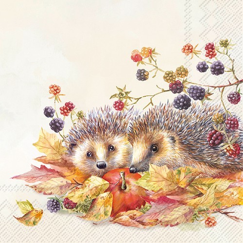 20 Hedgehog Friends napkins - hedgehog pair finds apple in leaves 33x33cm