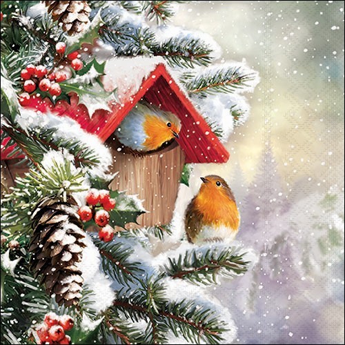 20 Servietten House with Robins - Rotkehlchen im winterlichen Vogelhaus 33x33cm