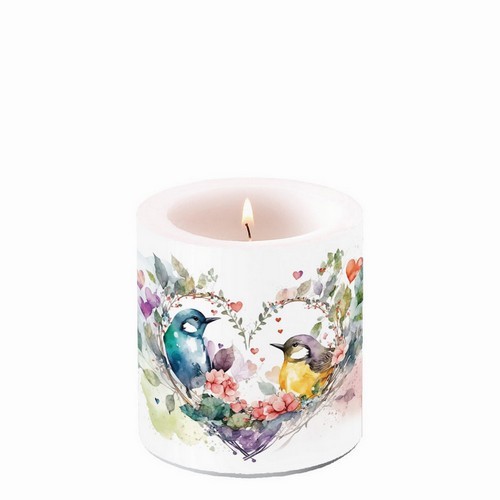 Candle round small Loving Birds - Birds in love in a heart Ø 7.5cm, height 9cm