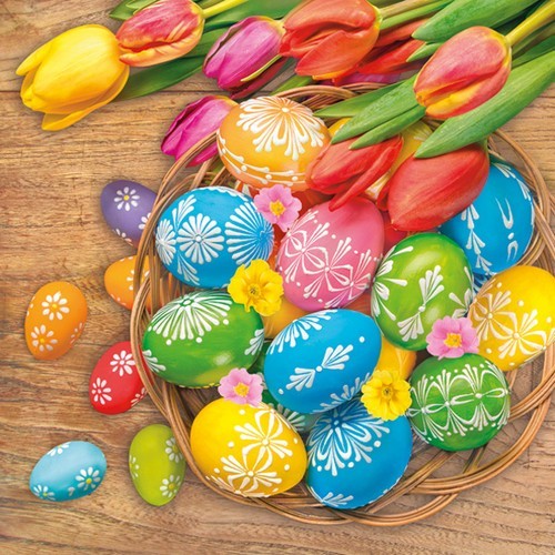 20 Servietten Colourful Easter Eggs in Basket - Ostereier mit weißen Ornamenten 33x33cm