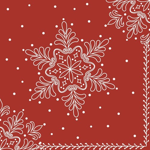 16 Servietten geprägt Moments Snowflake Deco - Weißer Schneekristall auf rot 33x33cm