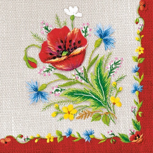 20 Servietten Maki Mountain Embroidery Folk on Light Grey - Rote Blumen im Stickerei-Stil 33x33cm