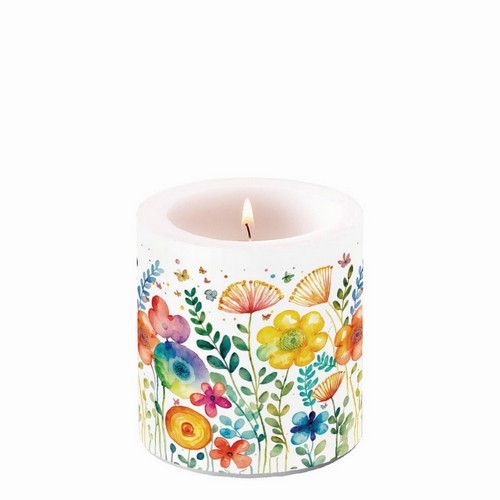 Candle round small Vibrant spring white - Modern, colorful spring meadow Ø 7,5cm, height 9cm