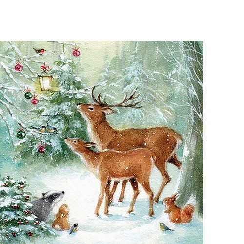 20 kleine Cocktailservietten Forest Celebration - Tiere treffen Reh und Hirsch im Winter 25x25cm
