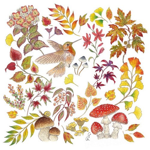20 Servietten Autumn Love - Vogel inmitten von Blätter und Pilze 33x33cm