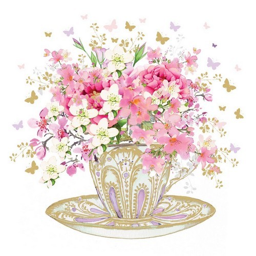 20 Servietten Tea Cup Blossoms - Blumen in Teetasse 33x33cm