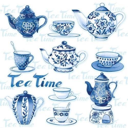 20 Servietten Tea Moments blue - Teeservice blau / weiß 33x33cm