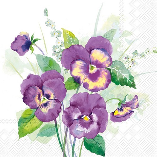 20 Servietten Pansies Bouquet - Stiefmütterchen mit Blätter 33x33cm