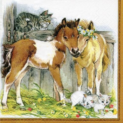 20 Servietten Kitten & Foals in Stable - Pferde und Katzen im Hof 33x33cm