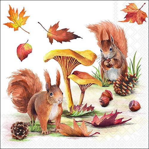 20 Servietten Squirrel go Nuts - Eichhörnchen an Zapfen und Pilze 33x33cm