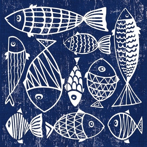 20 Servietten La Mer - Weiße Fische auf dunkelblau 33x33cm