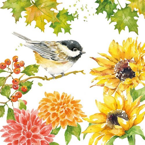 20 Servietten Autumn Song - Vogel an Sonnenblumen und Dahlien 33x33cm