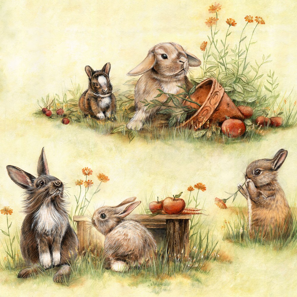 3  Servietten Bunny with Watering Can Häschen mit Gießkanne und Blumen Ostern