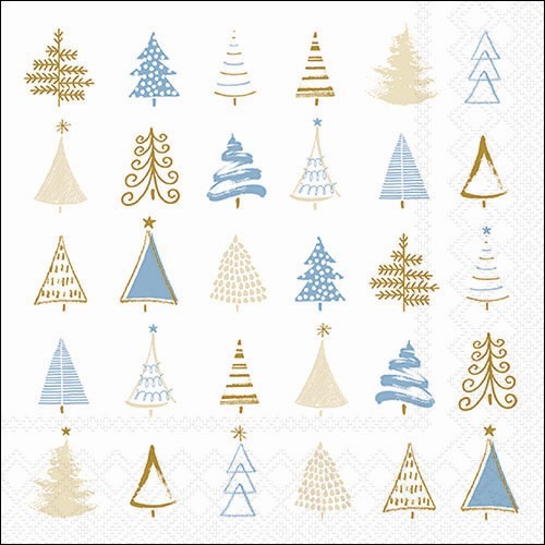 20 Servietten Christmas Tree Doodles blue - Moderne Baumformen blau-gold 33x33cm