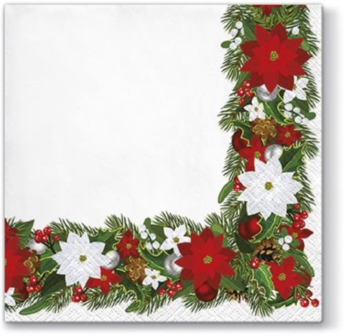20 Servietten Spruce Frame - Weihnachtsstern in rot und weiß als Bordüre 33x33cm