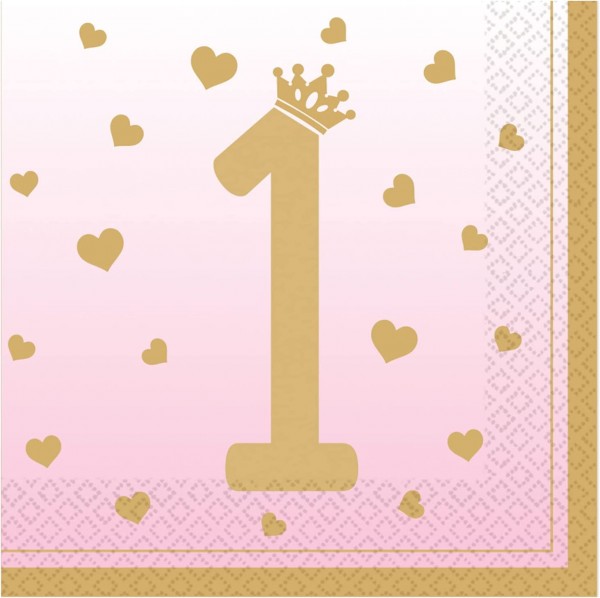 16 Servietten 1st Birthday pink Ombre - Erster Geburtstag mit Herzen rosa 33x33cm