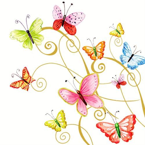 20 Servietten Frühlingswind - Schmetterlinge an Goldranken 33x33cm