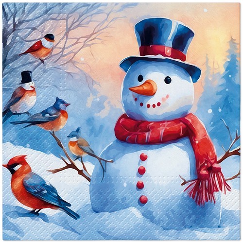 20 Servietten Distinctive Snowman - Vögel besuchen Schneemann 33x33cm