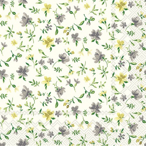 20 Servietten Fleurs grey yellow - Blumen mini grau gelb 33x33cm