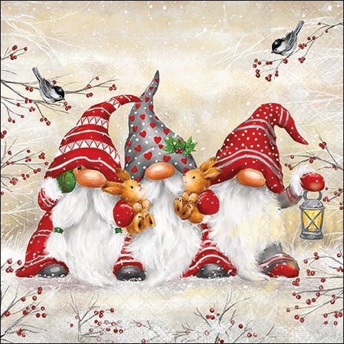 20 Servietten Three Dwarfs - Drei rote Wichtel an Zweige 33x33cm