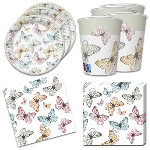 36-teiliges Tischdeko-Set Fliegende Schmetterlinge pastell - Teller, Becher, Servietten