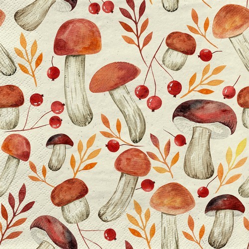 20 Servietten nachhaltig Gras Autumn Mushrooms - Pilze und Blätter im Hebrst 33x33cm