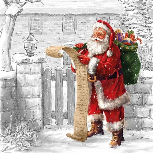20 Servietten Wish List - Weihnachtsmann mit langer Wunschliste 33x33cm