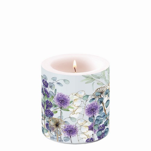 Candle round small Lunaria green - dandelion in colorful flora Ø7.5cm, height 9cm