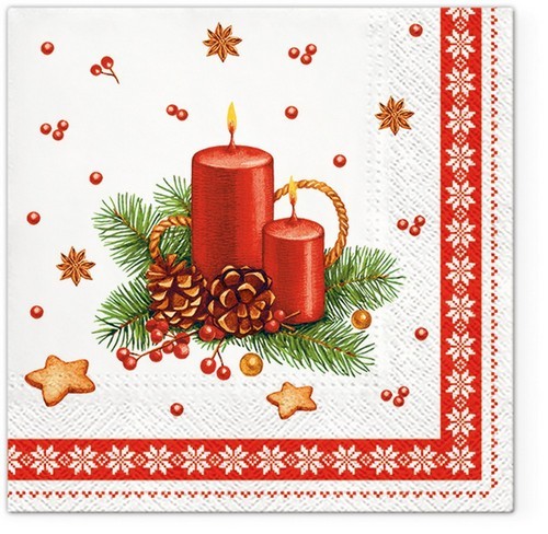 20 Servietten Candle with Frame - Rote Kerzen im Weihnachtsgesteck 33x33cm
