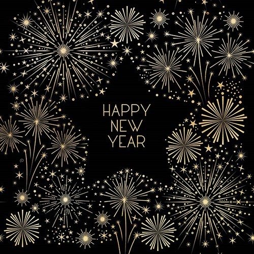 20 Servietten Golden New Year - Goldenes Feuerwerk auf schwarz 33x33cm