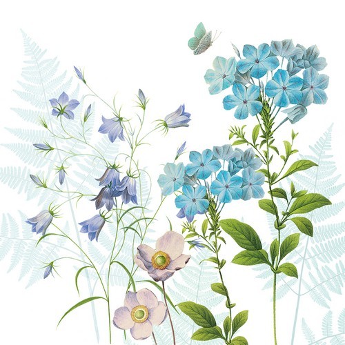 20 Servietten Blue Harmony - Wachsende, dezente Blumen 33x33cm