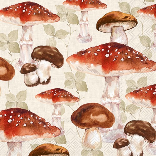 20 Servietten Mushroom Allover cream - Verschiedene Pilzsorten creme 33x33cm