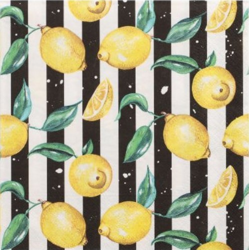 20 Servietten Citrus Lines - Zitronen auf Streifen schwarz weiß 33x33cm