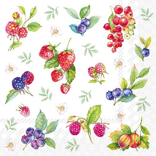 20 Servietten Summer Berries - Leckere Beeren mit Blätter 33x33cm