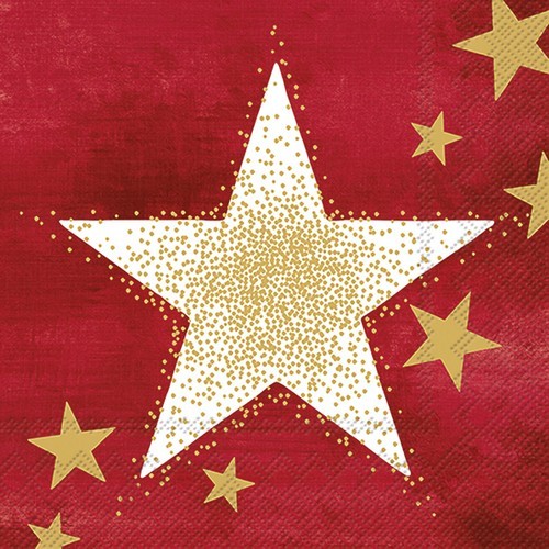 20 Servietten Shining Stars red gold - Goldener Schimmer auf Stern rot 33x33cm
