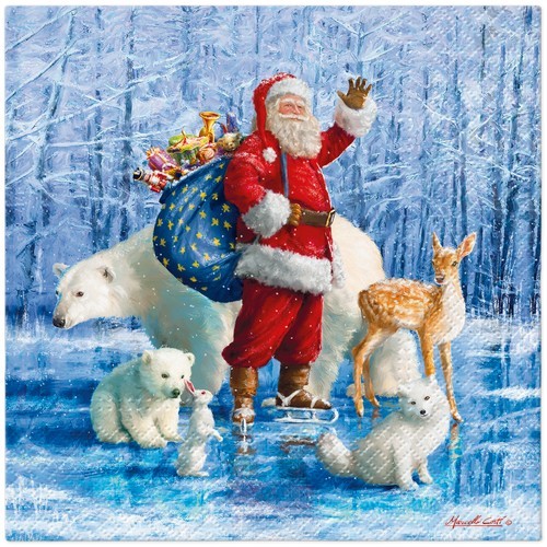 20 Servietten Santa Claus with Animals - Santa mit Polartiere im Winter 33x33cm