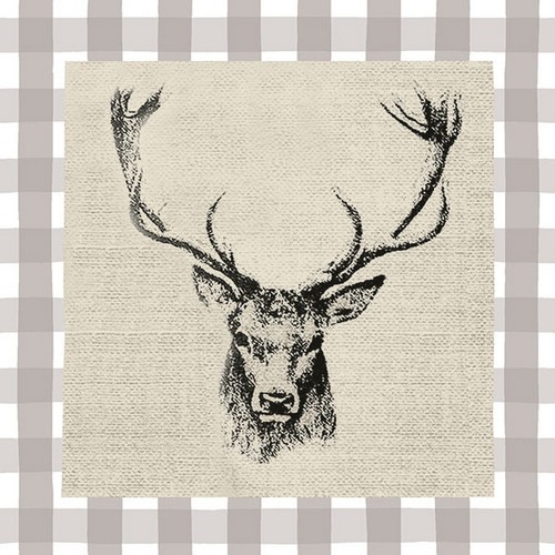20 Napkins Checked Stag Head brown - stag in painted shape 33x33cm