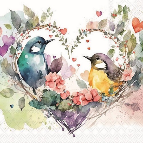 20 Servietten Loving Birds - Verliebte Vögel im Herz 33x33cm