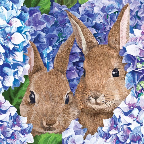 20 Napkins Hydrangea Bunnies - Bunnies in hydrangea 33x33cm