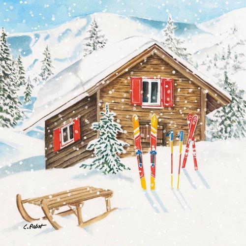 20 Servietten Mountain Cottage - Sporthütte im Winter 33x33cm