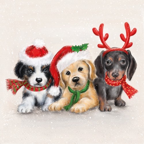 20 Servietten Sweet Dogs - Hunde mit Weihnachtsmütze 33x33cm