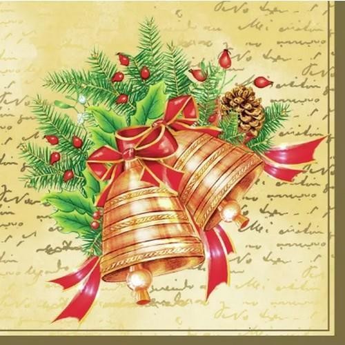 20 Servietten Christmas Bells cream – Goldene Glocken 33x33cm