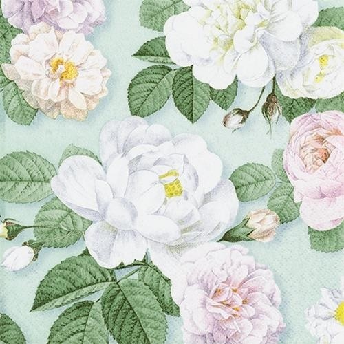 20 Napkins La Rosa mint - White roses on mint 33x33cm