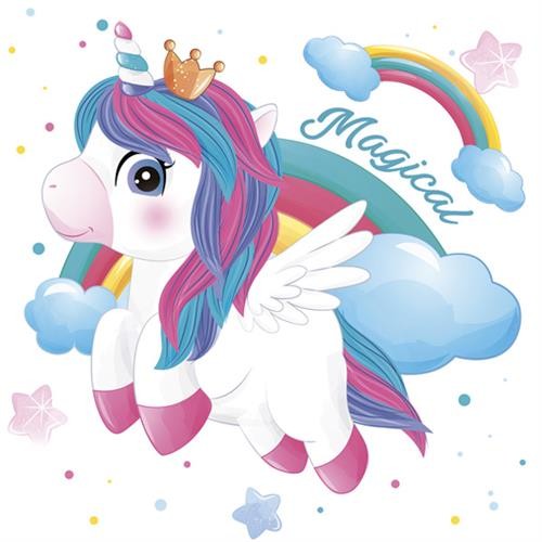 20 Servietten Magical Unicorn - Fliegendes Einhorn am Regenbogen 33x33cm