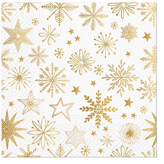 20 Servietten Shiny Snowflakes - Schneeflocken und Kristalle in gold 33x33cm