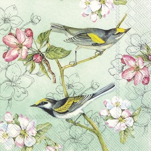 20 Servietten Birds Symphony green - Vögel an kunstvollen Blumen grün 33x33cm