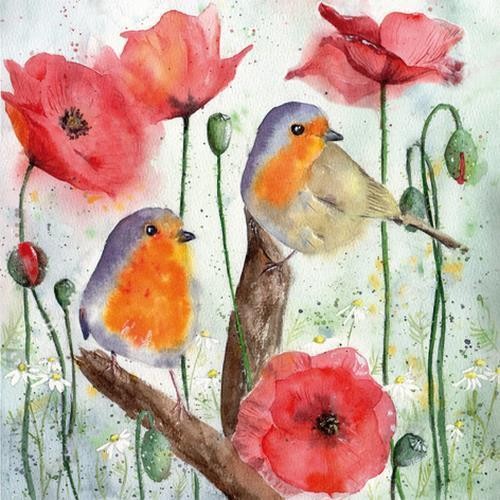 20 Servietten Red Robin & Poppy – Vögel und Mohnblumen 33x33cm