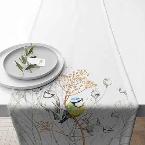 Tischläufer aus Baumwolle Sweet Little Bird - Blaumeise in grauer Natur 40x150cm