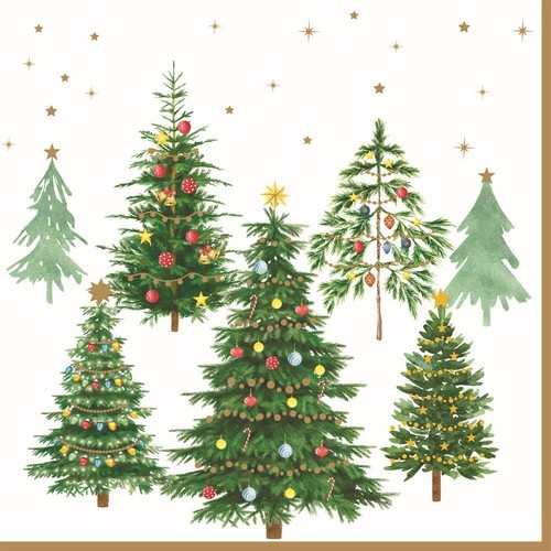 20 Servietten Festive Tree - Grüne, dekorierte Weihnachtsbäume 33x33cm