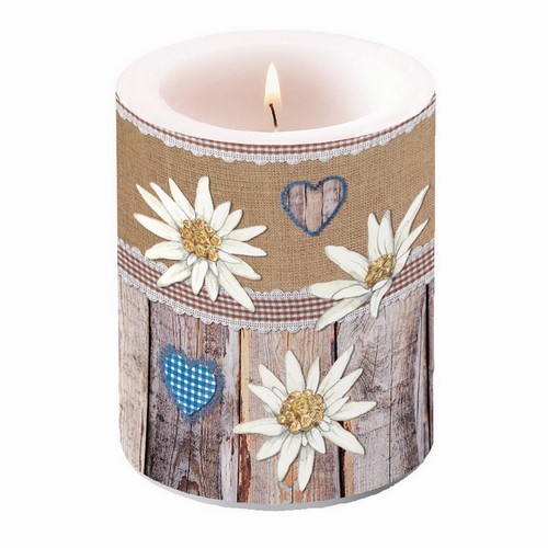 Candle round large Edelweiss on Wood - Edelweiss on rustic wood Ø 10cm, height 12cm